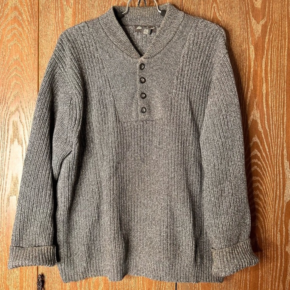 Eddie Bauer Gray Knit Chunky Henley Pullover Sweater Men Size Large Heavyweight‎ - Picture 1 of 9